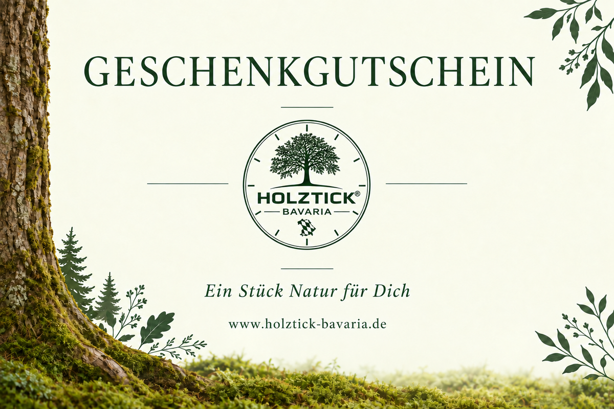 Holztick-Gutscheinmotiv mit mittigem Logo und Internetadresse